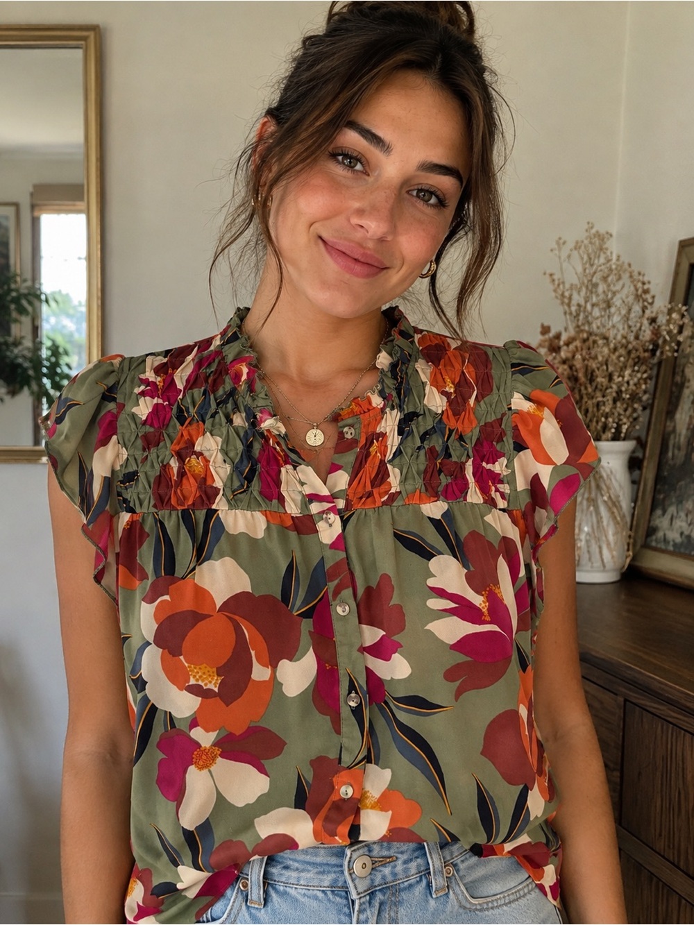 Sage Green Floral Pintuck Flutter Sleeve Boho Blouse feminine Chic Size Large